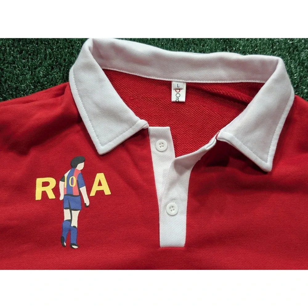 Roma Soccer Maradona Rugby Polo Shirt Red Colorblock Long Sleeve Men's Large